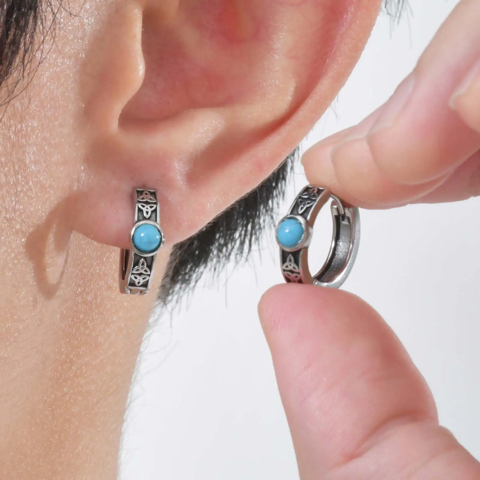 Vnox Celtic Hoops Turquoise Earrings for Men Boyfriend Gifts, Vintage Jewelry Stainless Steel Men's Hoop Sleeper Huggie Earring