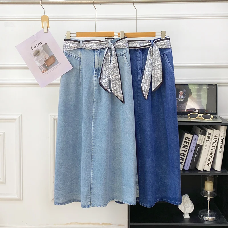

Ретро универсальная джинсовая юбка миди с поясом из шелкового платка, женская, с завышенной талией, утягивающая, средней длины, А-силуэт, повседневная, элегантная