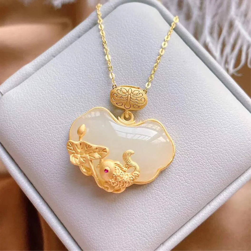 Plated 100% Real Gold 24k 999 gilding 999 inlay Hetian white jade lotus leaf small fish Ruyi lock female Pure 18K Gold Jewelry