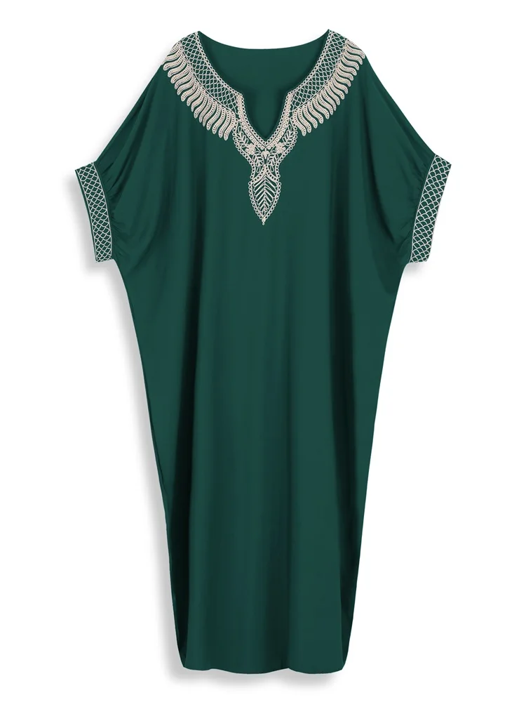 Vintage Chic Embroidered Robe V Neck Lantern Sleeve Kaftan 2024 New Green Long Dress Beach Swimwear Coverup Cozy Homewear Outfit