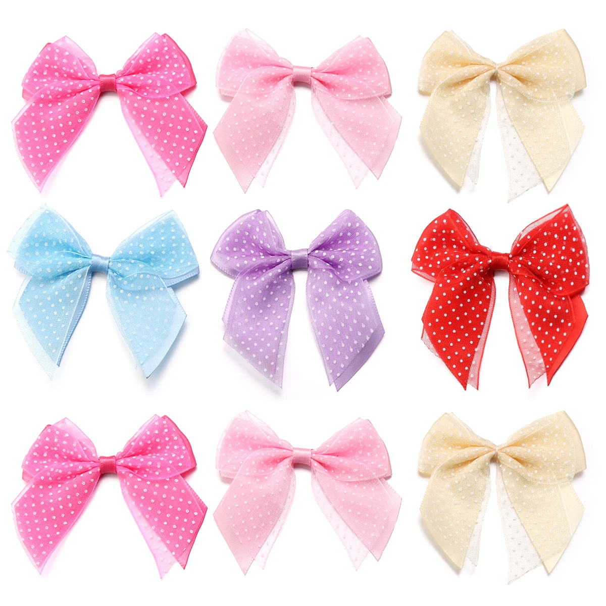 10 Stück 6 cm große, doppellagige, bunte Schleifen aus Polyester-Satinband, Organza-Schleifenblumen für DIY-Hochzeits- und Geburtstagsdekoration – Detail 1