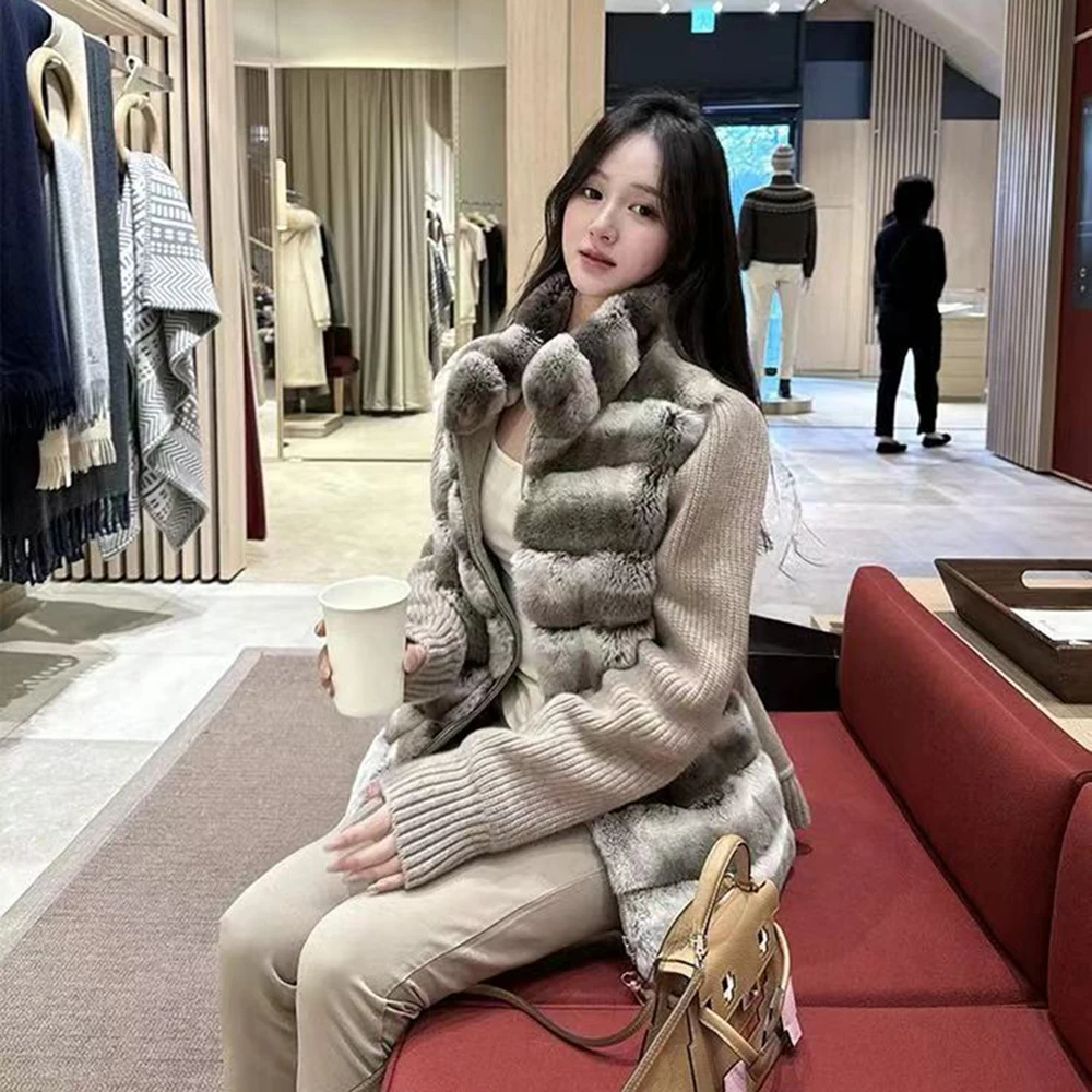 Luxyonuo المرأة ريال ريكس الأرنب الفراء سترة السيدات موضة اليوسفي طوق معطف الفرو المرقعة متماسكة الأكمام معاطف الصوف مع الفراء