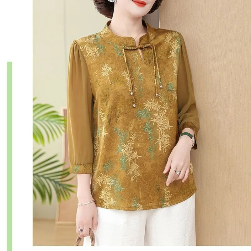 Women's Spring Summer Chinese Style Retro Contrast Color Round Neck Button Printed Shirts 3/4 Sleeve Loose Pullover T-shirt Tops