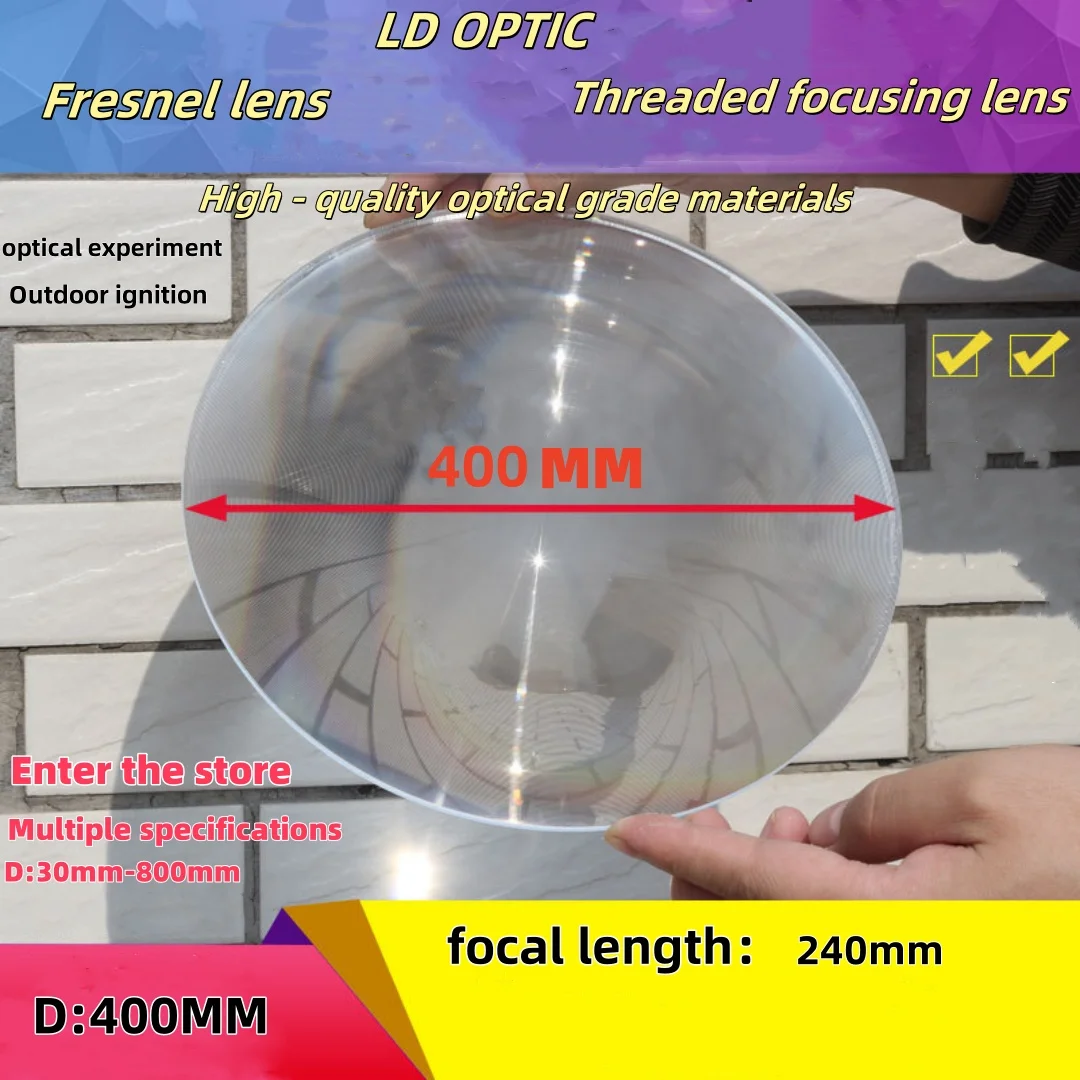 

400MM diameter optical grade plastic PMMA Fresnel lens. Solar focusing threaded lens. For ignition, lighting and magnification