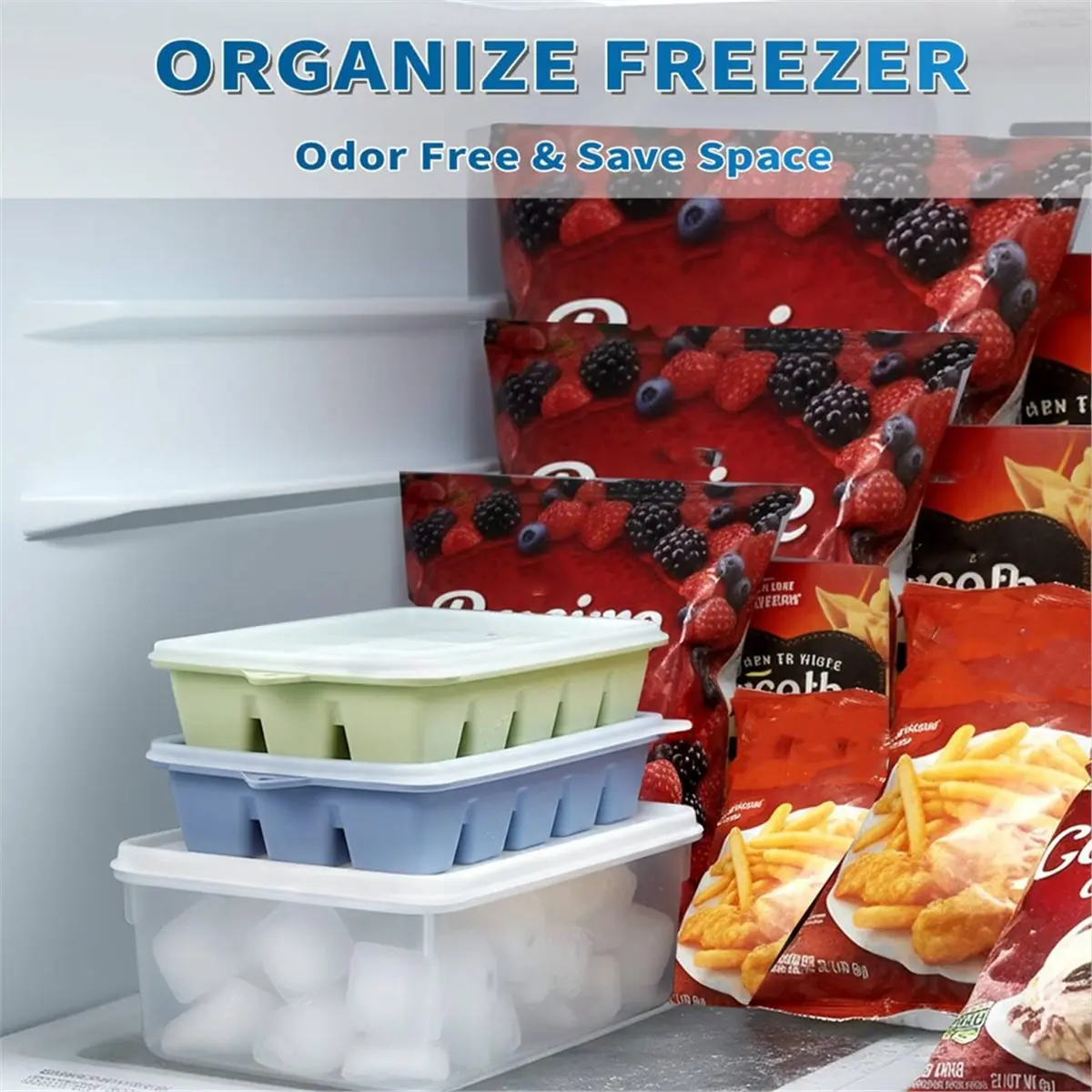 Silicone Ice Tray with Lid for Freezer - Non-Spill, Stackable Ice Bucket Kit for Cocktails with Lid Blue