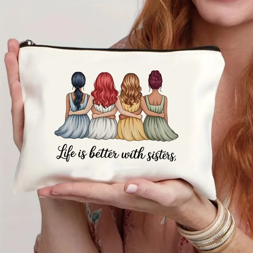 Life Is Better with Sisters Sisterly Friendship Theme Makeup Bag Toiletry Bag Zippered Portable Pencil Case Storage Bag, Storage Makeup Bag