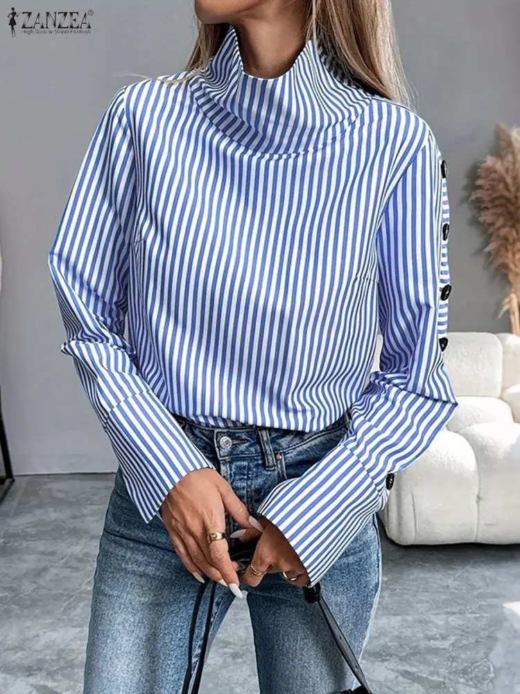 

ZANZEA, женские модные полосатые блузки с высоким воротником, осень 2023, стильные топы с длинными рукавами и боковыми пуговицами, женская одежда, S-3XL
