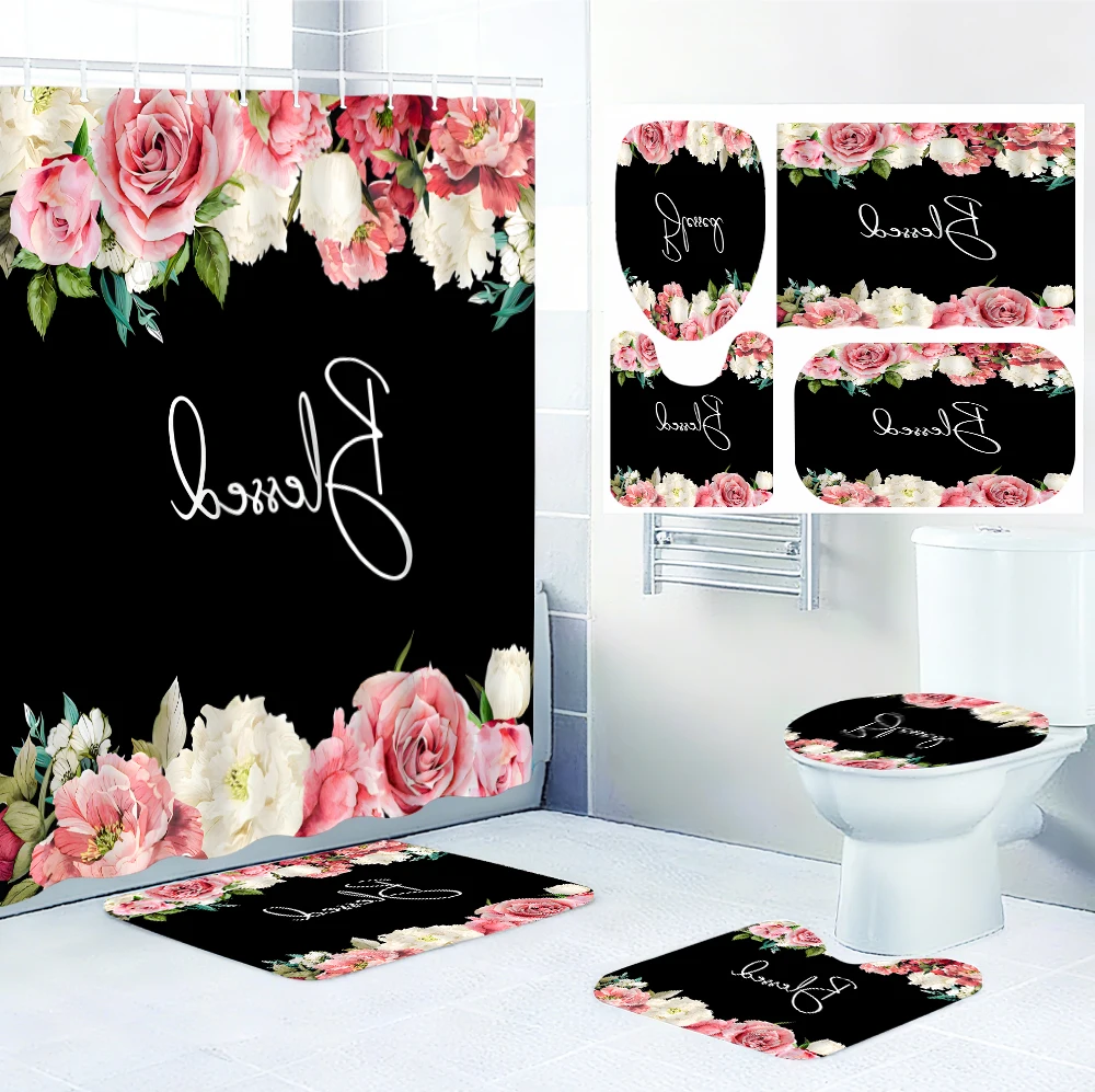 طقم حمام مكون من أربع قطع من Bright Flower - ستارة دش مقاومة للماء، مما يخلق مجموعة حمام كاملة #5