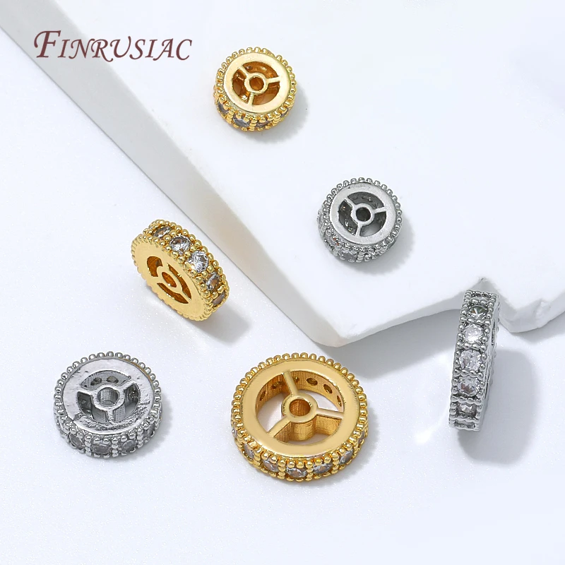 6mm 8mm 10mm 18K Gold Plated Wheel Gear CZ Spacer Beads,Brass Round Beads For DIY Bracelet Necklace Jewelry Making Supplies