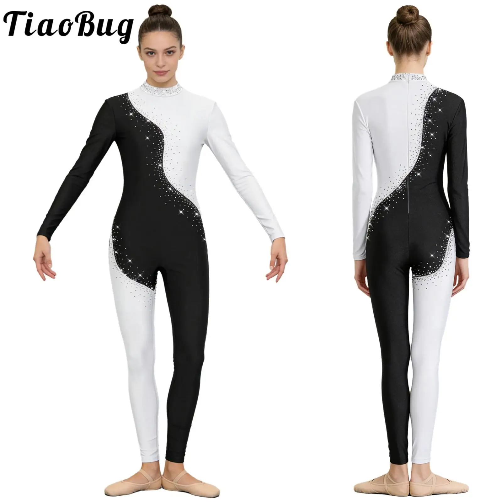 

Women Leotards Figure Skating Gymnastic Ballet Tights Performance Jumpsuit Rhinestones Long Sleeve Zipper Full-body Bodysuit