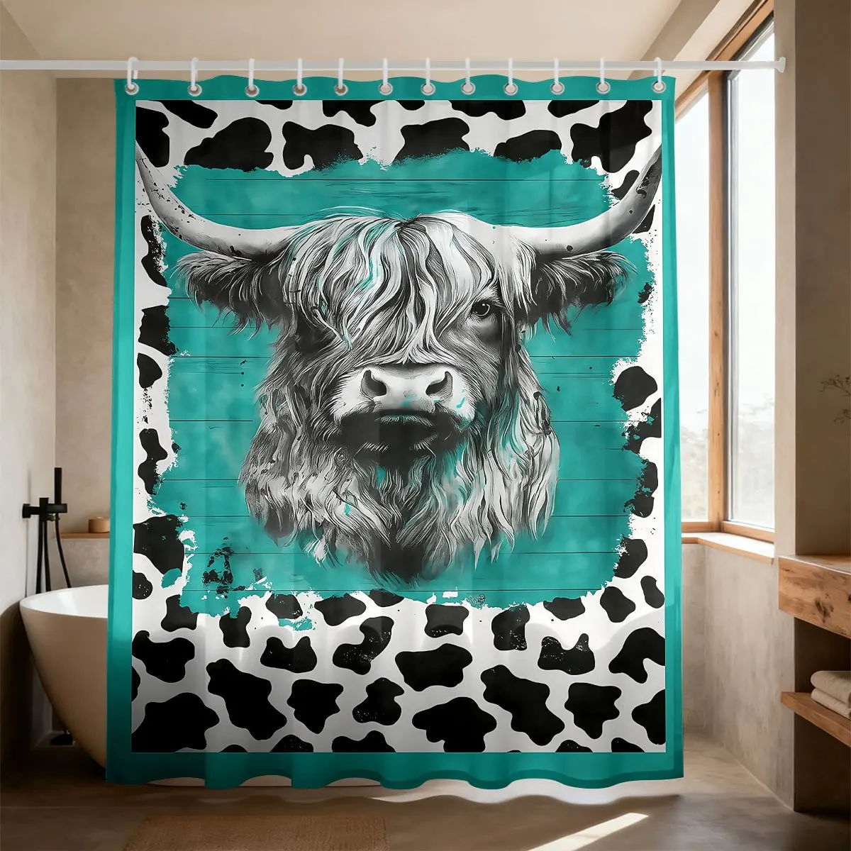 Western Farm Style Shaggy Highland Cattle Monochrome Head Art Teal Wood Board With Cow Spots Print Frame Bath curtain