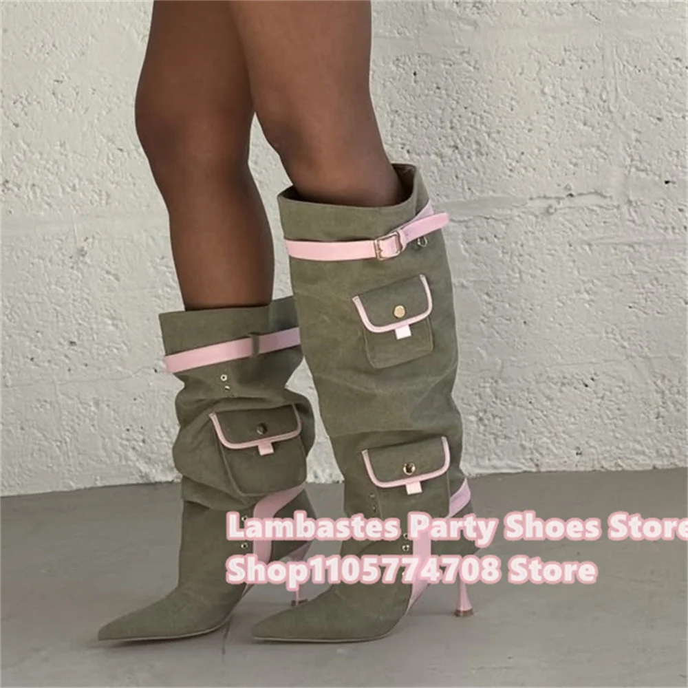 Flap Pocket Embellished Knee High Boot Women Autumn New Sexy Pointed Toe Stiletto Heel Pink Strappy Belt Buckle Long Boot
