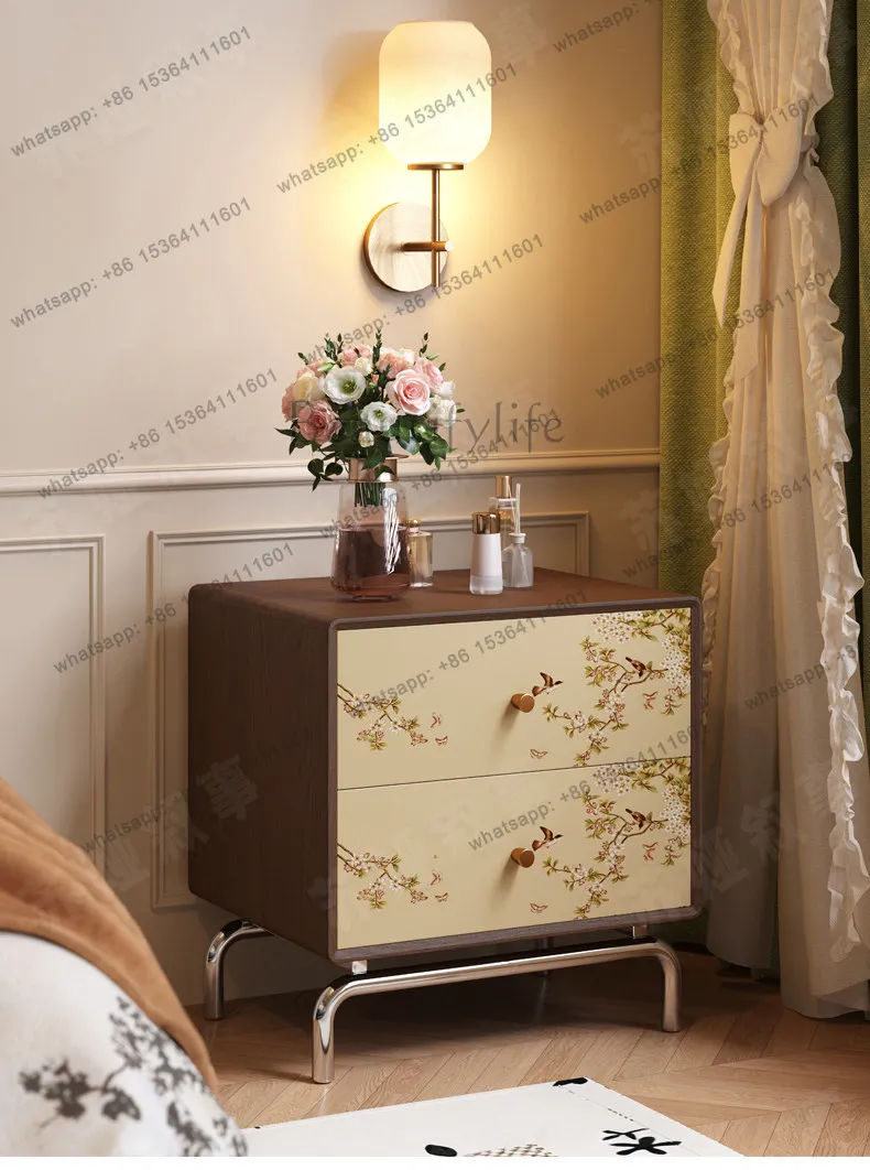 PG Bedside table All solid wood printing wrought iron stainless steel design Bedside cabinet designer