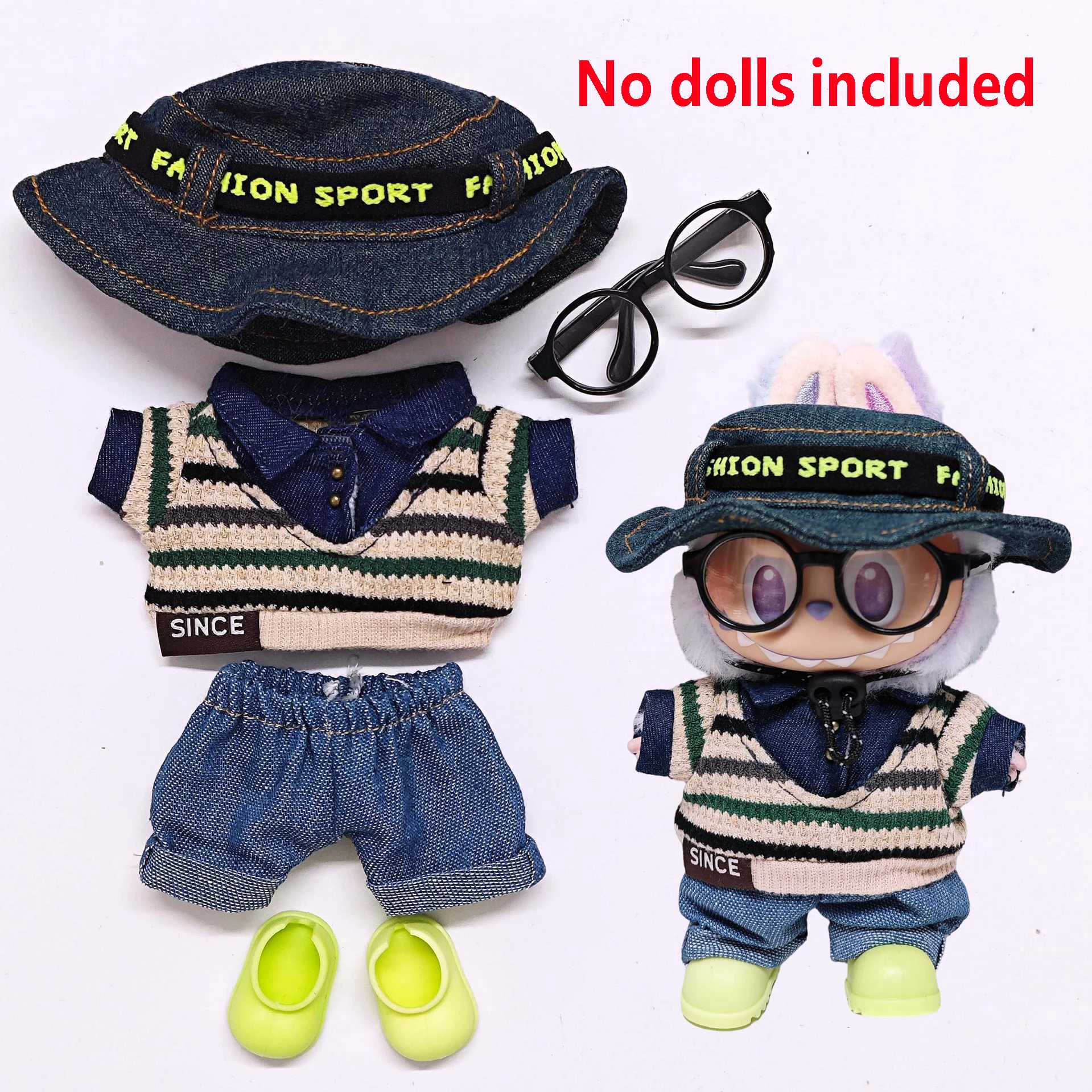 Voor Labubu Hoge kwaliteit poppenkleding 15-17CM Vissershoed Gestreepte trui Set Labubu Universele kleding