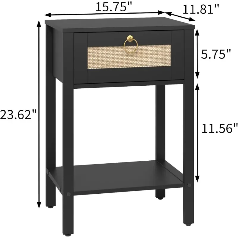 모던 농가 등나무 나이트 스탠드, 보관 서랍 및 선반 포함