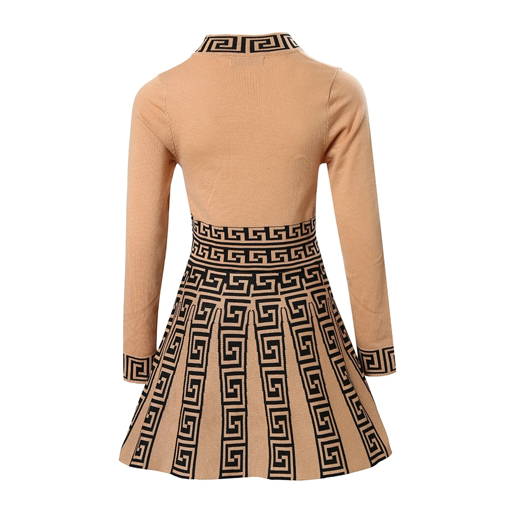 Women Geometric Print Long Sleeve Top & Work Mini Pleated Dress Set Female 2024 Summer O-neck Office A Line Dress Casual Clothes