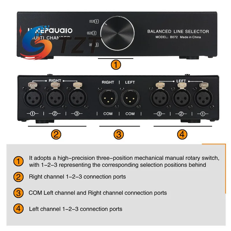 

TZT B072 3-IN 1-OUT/B073 1-IN 3-OUT Audio Switch Fully Balanced XLR Audio Source Signal Selector Passive Stereo Selector