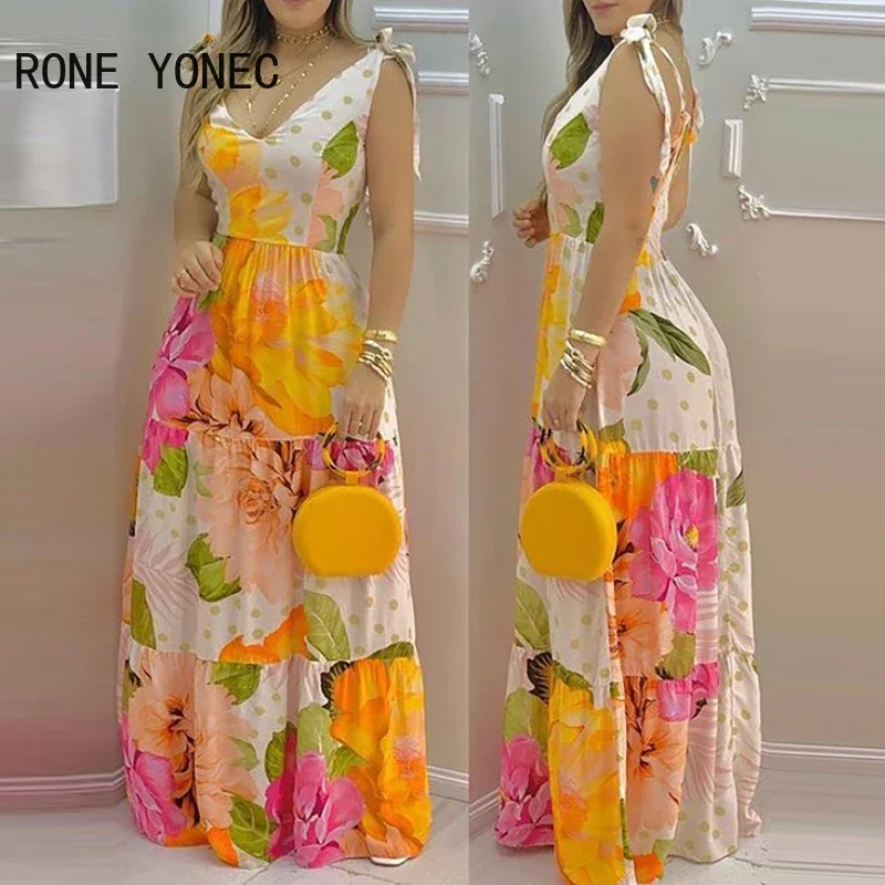 Women Elegant Dress Floral Print Sleeveless V-Neck Maxi Dress Summer Vacation Dress 2021