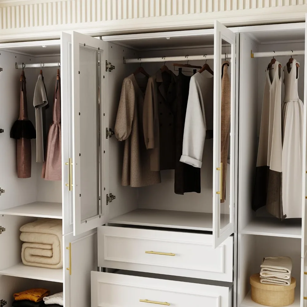 

Modern White Wardrobe Closet Collection – Bedroom Armoire System with Doors, Gold Handles & Clothes Storage