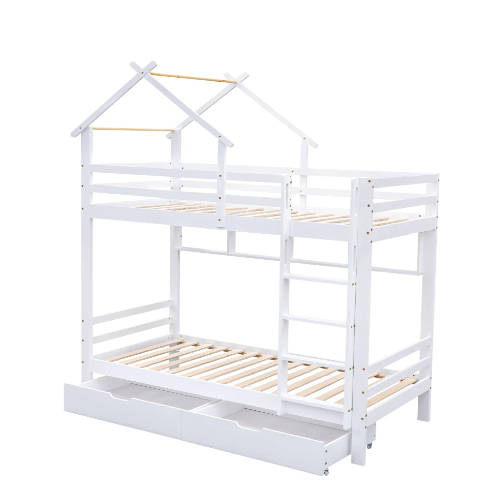 PINGGO Etagenbett mit Schubladen, Regalen, Hausbett, 3-stufige Leiter, Kiefernholzrahmen, Weiß, 90x200cm, Kinderbett mit Fallschirmgitter – Detail 12