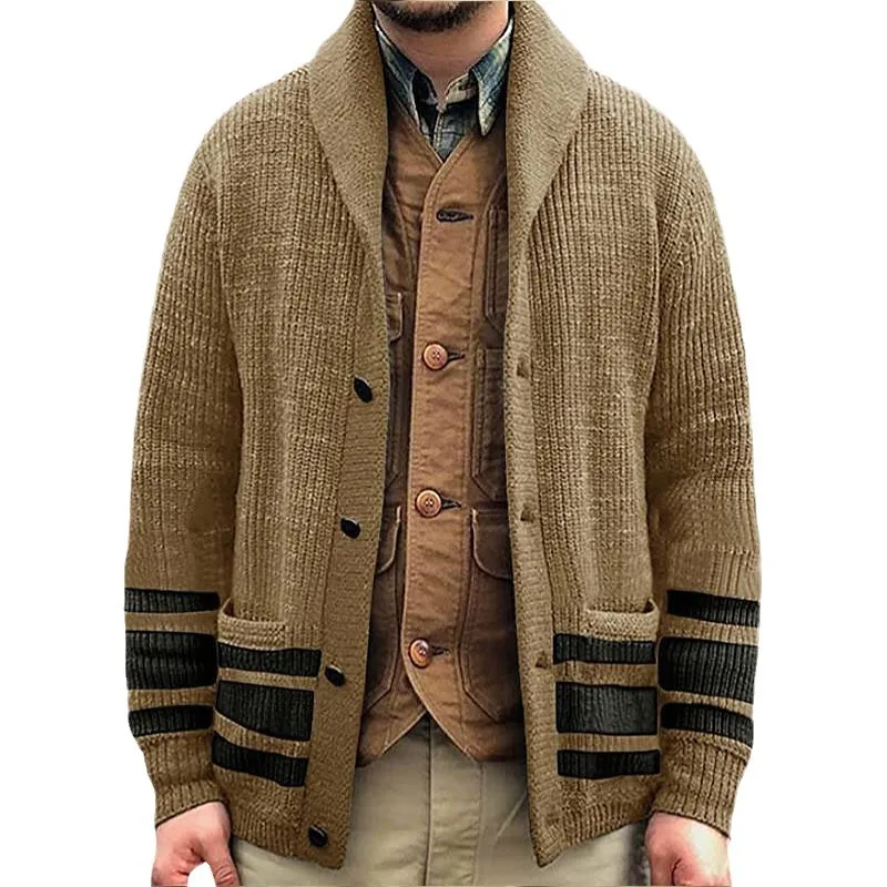 Men's thick and warm luxurious and fashionable British cardigan knitted sweater with lapel collar long sleeved top sweater jacke