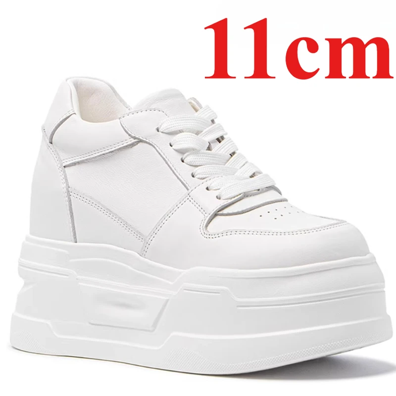 White Height Increasing Shoes for Women's 13cm Elevator Shoe Genuine Leather Breathable Sports Casual Thick Soled Increase Shoes