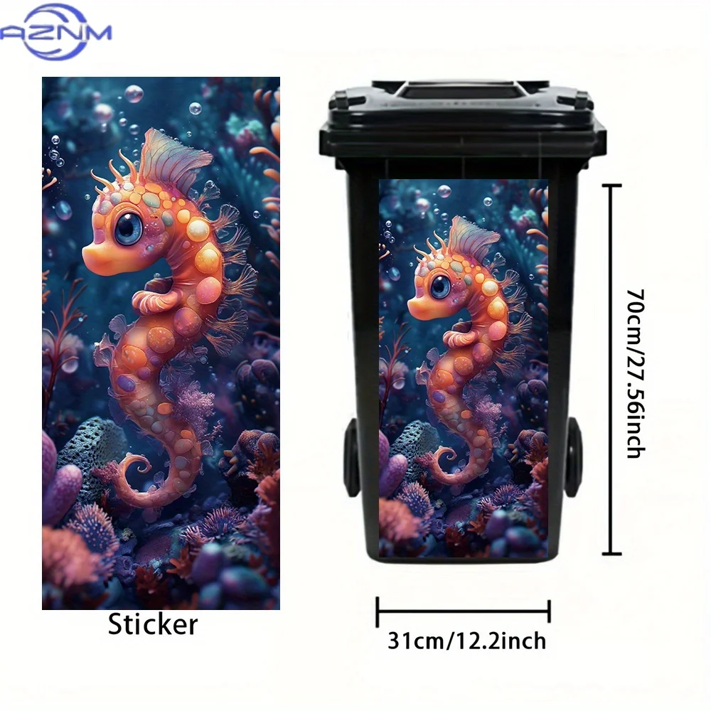 1pc, Seahorse Theme Trash Can Sticker, Decorative Self-Adhesive PVC Decal, Outdoor Waterproof, Suitable for Garbage Bins, Wall
