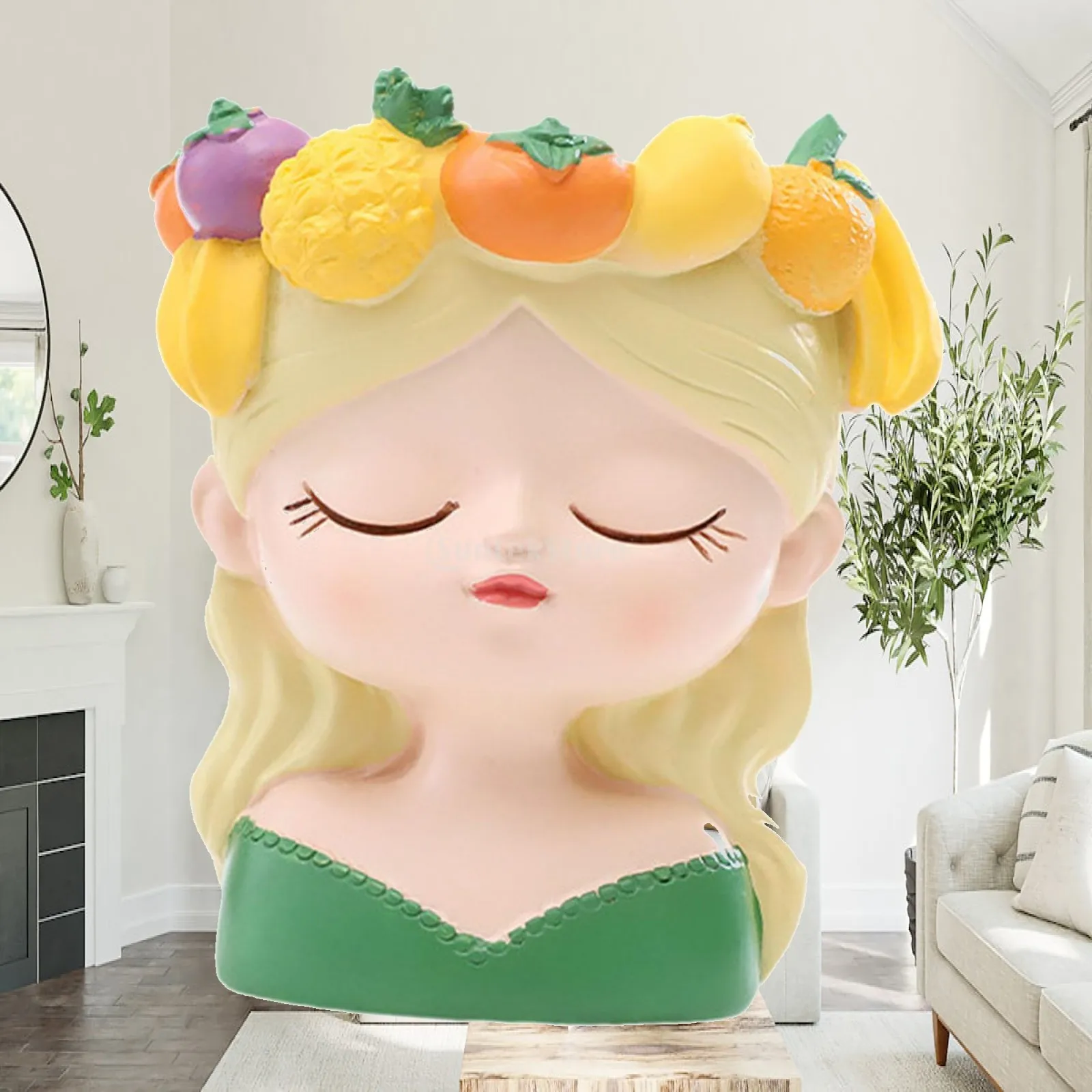 Flowerpot with cute girl and fruits on her head, compact and lightweight,