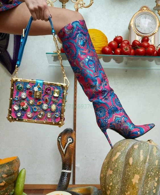 Print Pointed Toe Luxury Knee High Boots Lady Stiletto High Heel Design Dress Boots Show 2024 Shoes Fashion Fall Embroidery