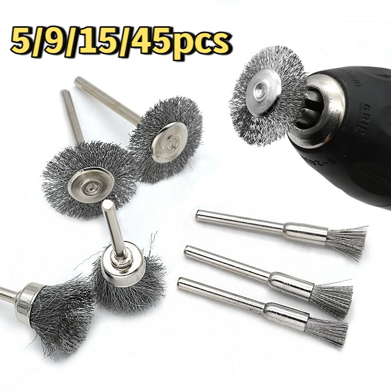5/9/15/45pcs Wire Brush Wheel Set 3mm Shank Steel Wire Brush Cup Wheel for Dremel Rotary Tool Polishing Cleaning Rust Removal