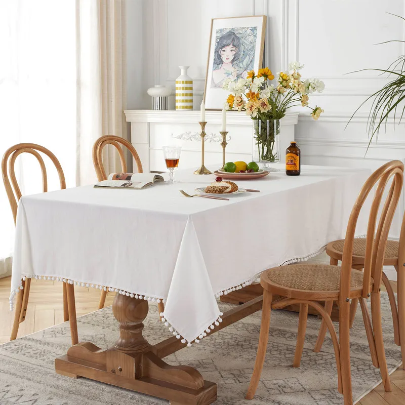 Modern Minimalist White Ball Tassel Tablecloth Washed Cotton Christmas Tablecloth Wedding Banquet Background Cloth Decoration