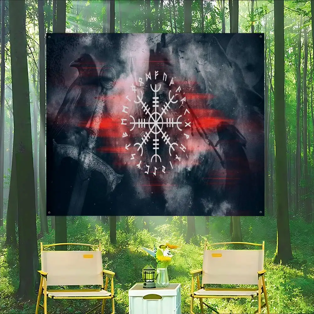 Simple Pattern Viking Vegvisir Logo Small Size Cheerleading Banner Hand Pulled Flag Outdoor Atmosphere Flags