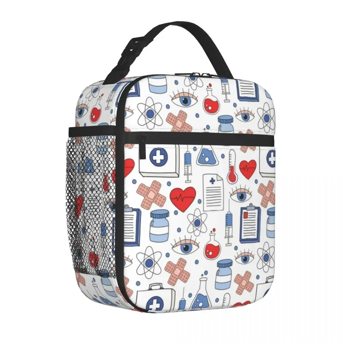 

Insulated Lunch Bag Medical Doodle Portable Zipper Lunch Box For Unisex Heart Office Cooler Bag Fun Oxford Thermal Tote Handbags