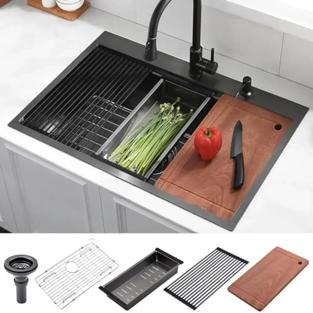 Black Stainless Steel 33x22 Kitchen Sink Workstation with Accessories 16 Gauge Gunmetal Nano-PVD Tech Easy Clean Droplet Sink