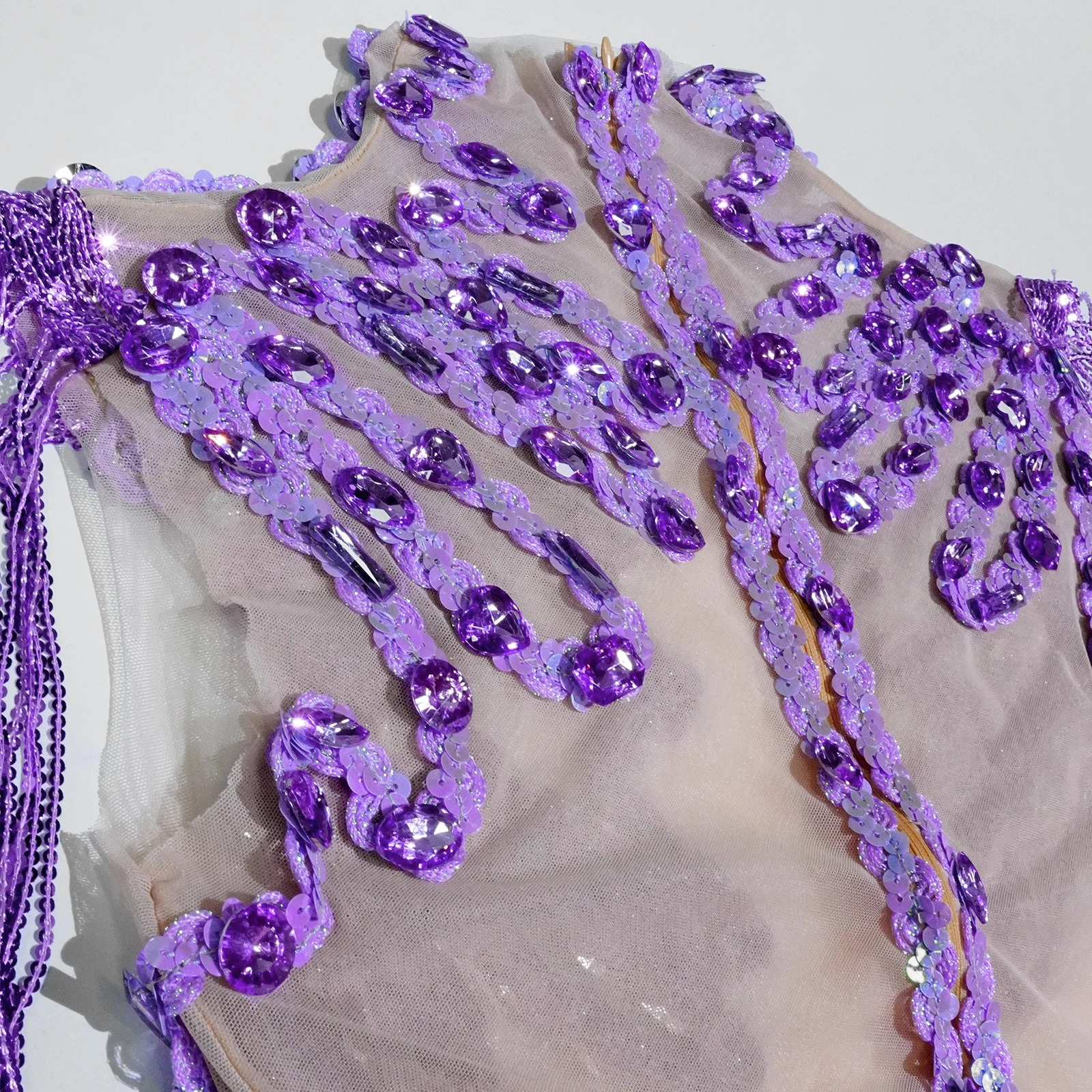 Sparkle Lila Strass Mesh Quasten Trikot Drag Queen Body Bühne Sängerin Leistung Femme Sexy Gogo Kostüm Nachtclub