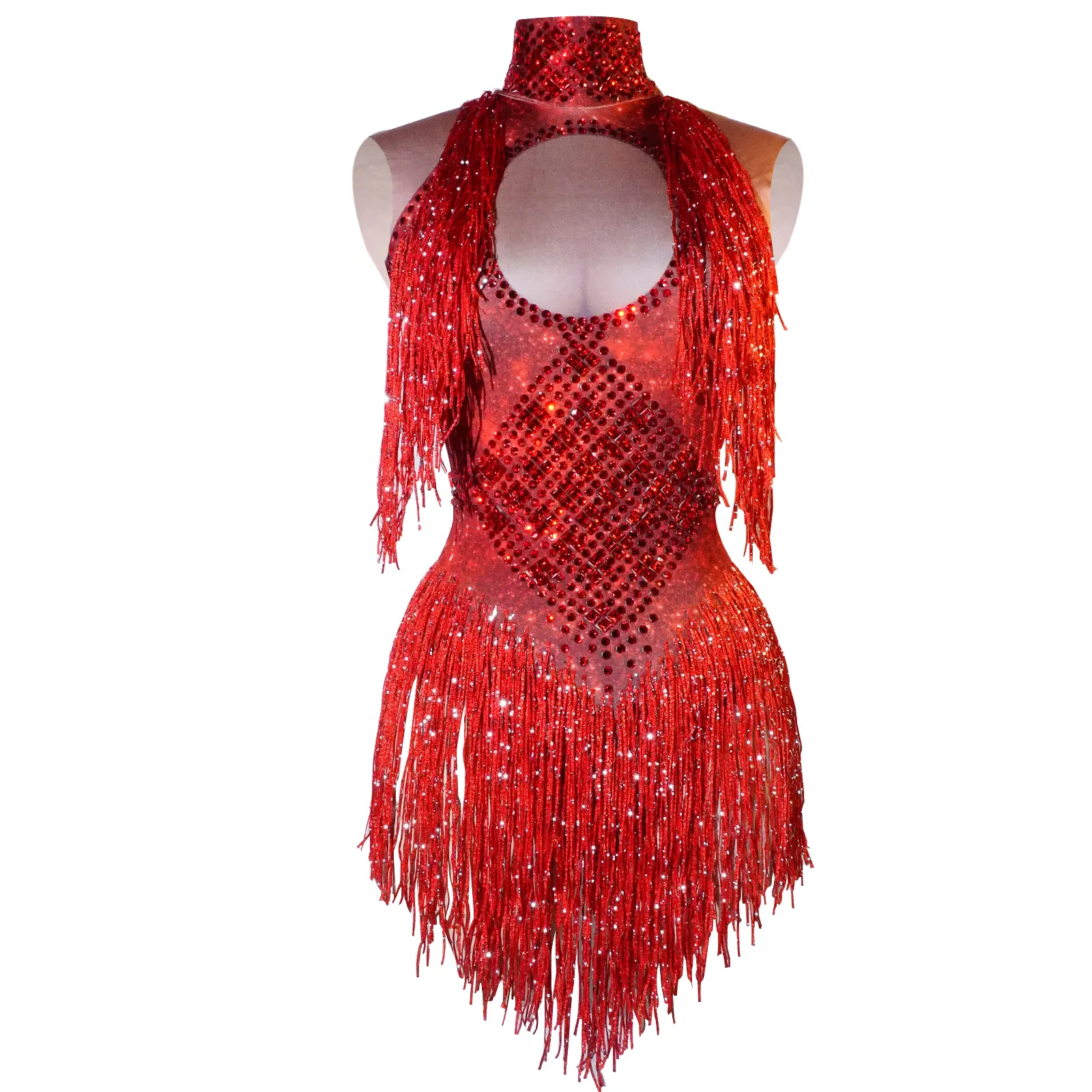 

Red tassel rhinestone Elasticated bodypsuit latina dance jazz gymnastics show costume nightclub queen drag birthday celebration