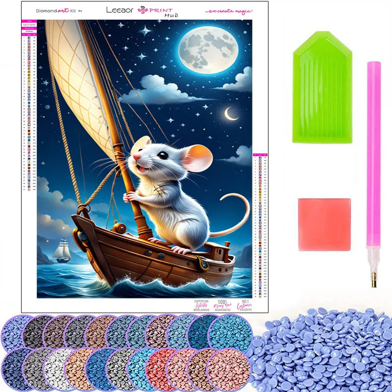 Diamond Cross Stitch Cartoon Sailboat Mouse 5D DIY Embroidery Rhinestone Painting Starry Sky Landscape Mosaic Art Children Decor