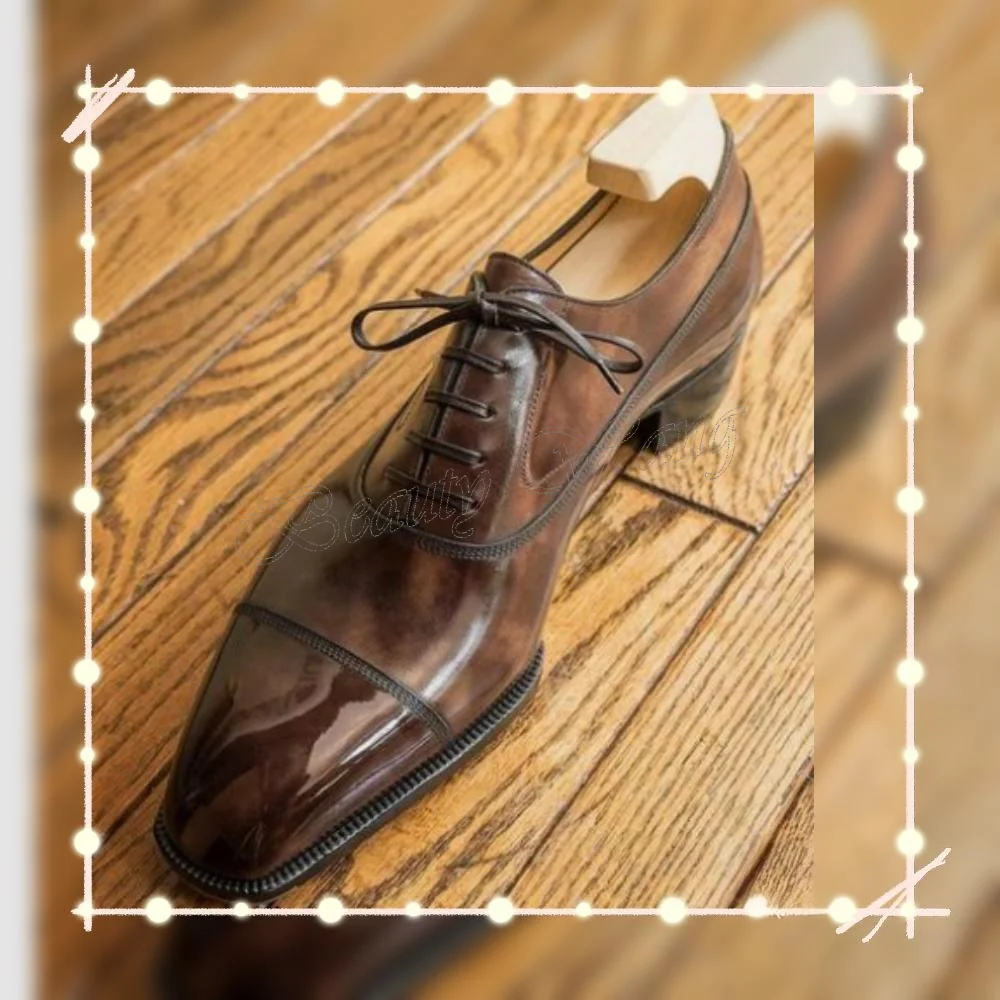 

Brown Patent Leather Cross Tied Men Shoes Patent Pumps Style Men's Dress Shoes Gentlemen Slip on Party Shoes Big Size 47