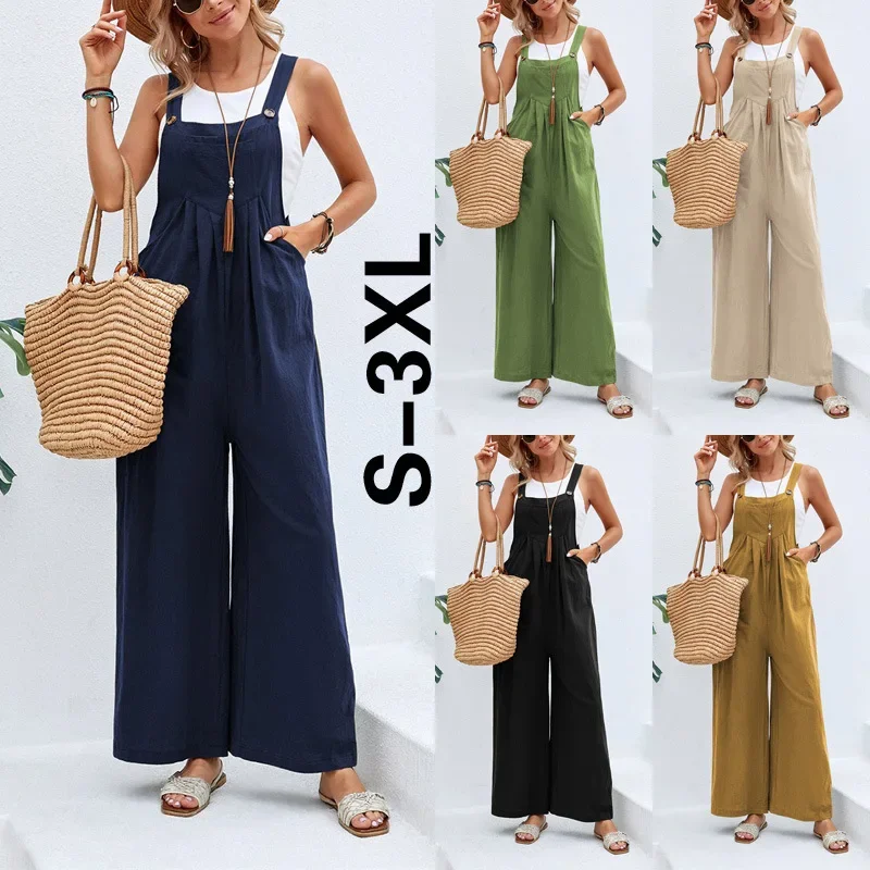 

Vintage Cotton Linen Jumpsuit Women 2024 Casual Solid Button Wide Leg Suspender Pants with Pockets Summer Loose Overalls Rompers