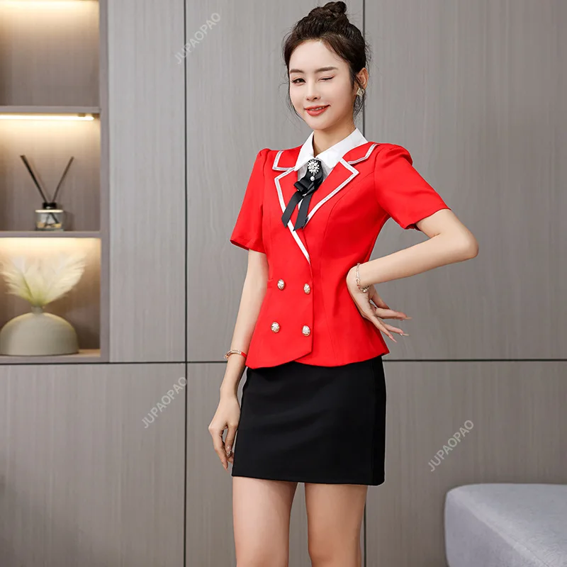 Professional Set Stewardess Uniforms SPA New Fashion Formal Women Short Sleeve Blazer with Skirt Office Ladies Work Wear S-3XL