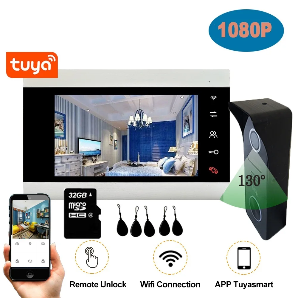 Top 7 Inch Tuya Smart Wireless WiFi IP Video Door Phone Intercom System 1080P with Electronic Lock Mobile RFID Unlock Talk