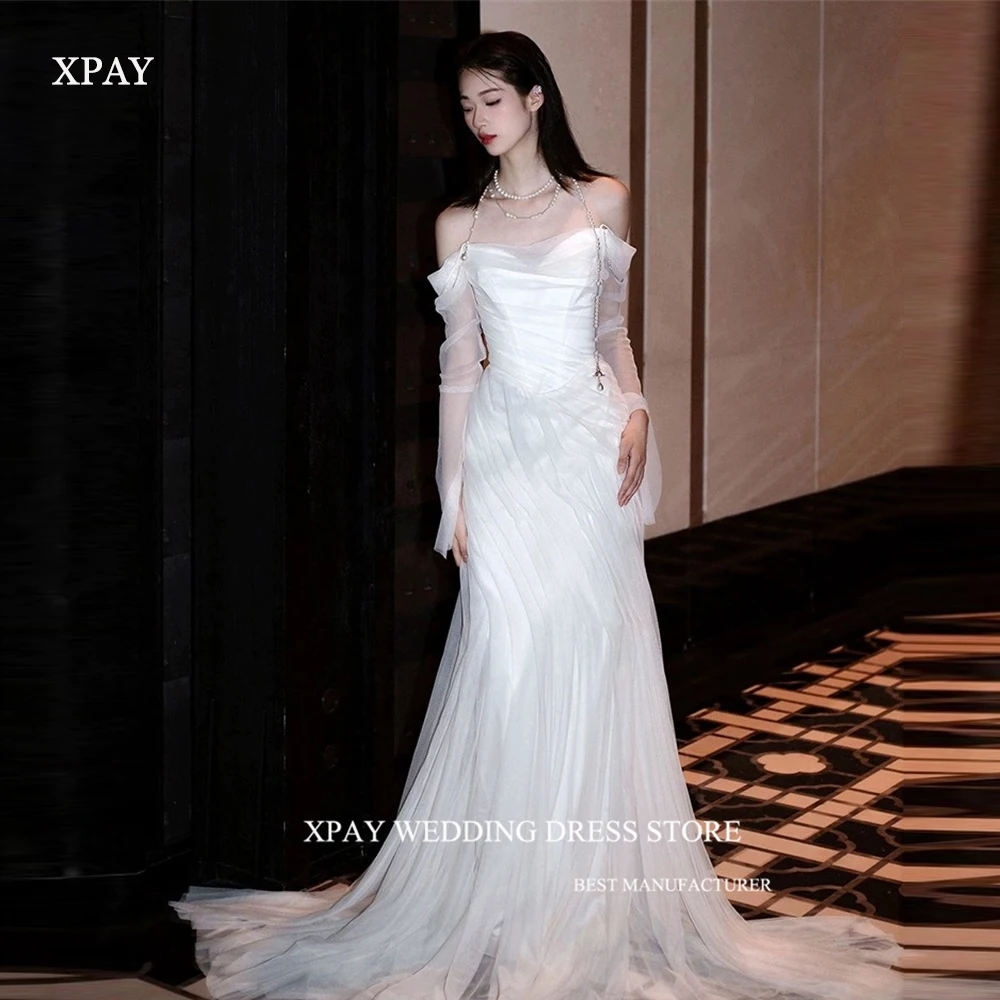 

XPAY Fairy Off Shoulder Soft Tulle Mermaid Wedding Dresses Photoshoot Long Sleeves Sweep Train Bridal Gowns Custom Made Elegant