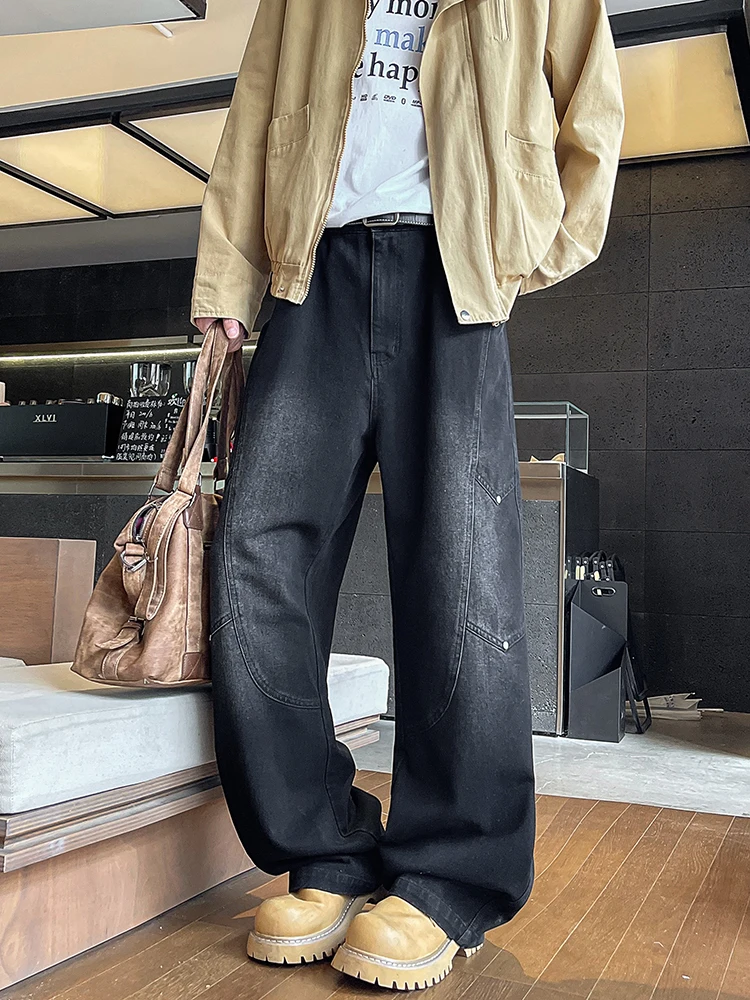

Мужские прямые широкие джинсы, корейские модные потертые джинсовые брюки с эластичной резинкой на талии, уличные повседневные мешковатые джинсы