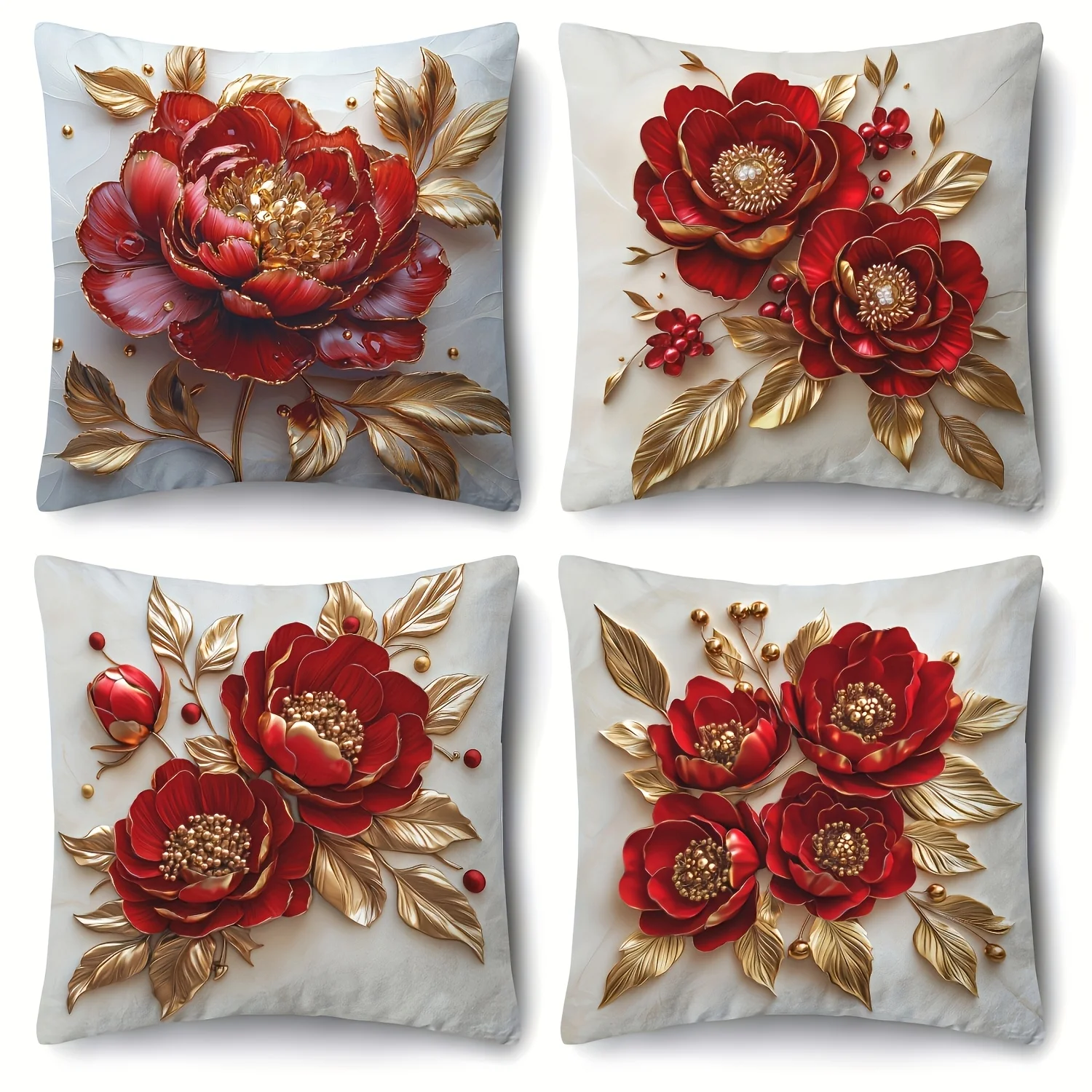 4 Pcs 3D Red Rose Print Pillow Covers – Modern Luxe Style for Home, Office & Living Room Decorative Cushions