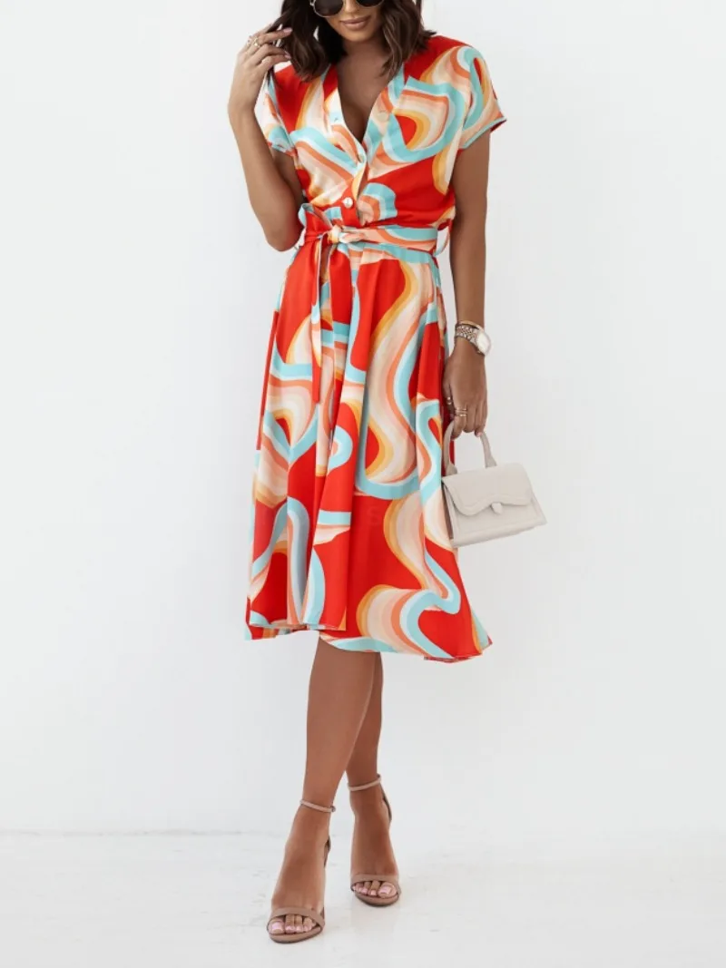 

Women's Fashionable Elegant Casual Fit Comfortable Short Sleeved Printed V-neck Vacation Style Dress