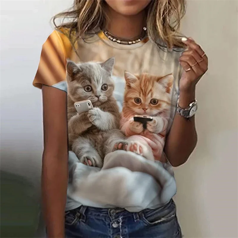 

Cute Women's T Shirt Cat Dog 3d Print Casual Short Sleeve Funny T Shirts Fashion Streetwear O-Neck Orange Cat Female Clothing
