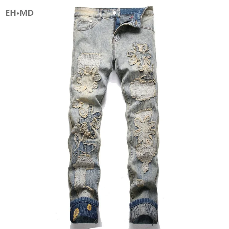 

Hand Embroidered Jeans Men Pattern Personality Cotton High Elastic Slim Trousers 3D Jacquard Yellow Flower High Street Flipped 2