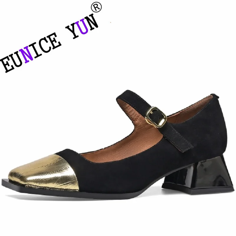 

【EUNICE YUN】2023 New Brand Genuine Leather Shoes Brand Heel Mary Janes Pumps Women Shoes Party Dress Shoes Size 33-40