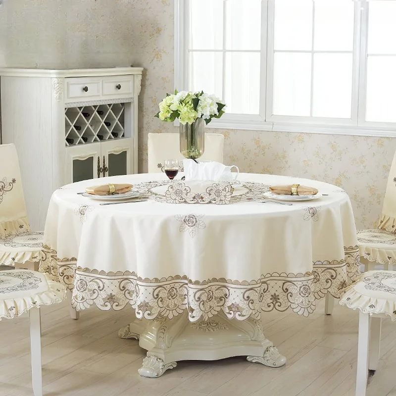 Table Cloth Round Table Satin Beige Europe Embroidered Tablecloth Dining Table Cover Chair Cover Home Decoration Towel Dustproof