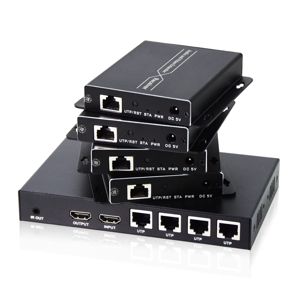 HDMI Splitter Extender 1x4 HDMI Extender 150m Over Cat6 1080P@60Hz HDMI Transmitter Receiver with HDMI Loop Out